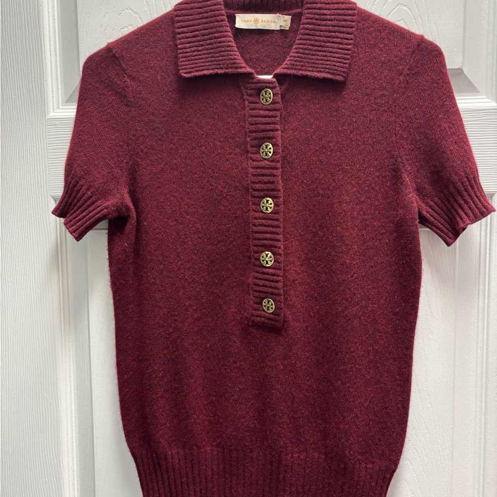 Tory Burch Burgundy Short Sleeve Cashmere Polo Sweater